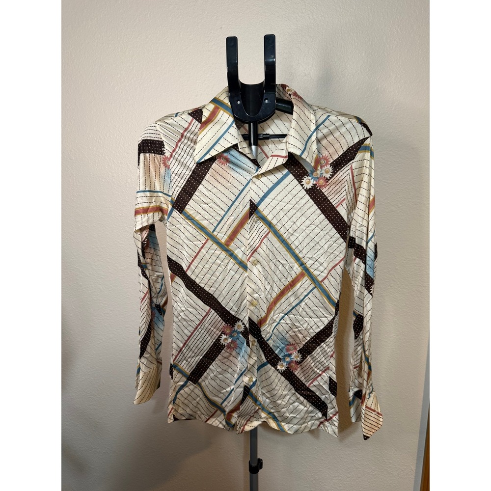 Vintage 70s Kmart Disco Shirt Geometric Floral Arnel Triacetate Mens Medium